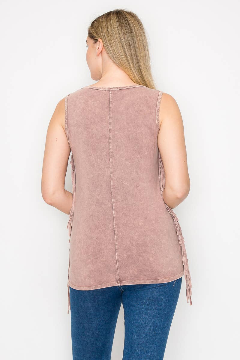Flower Print Mineral Wash Fringe Tank Top-Wholesale 7Pcs Prepack