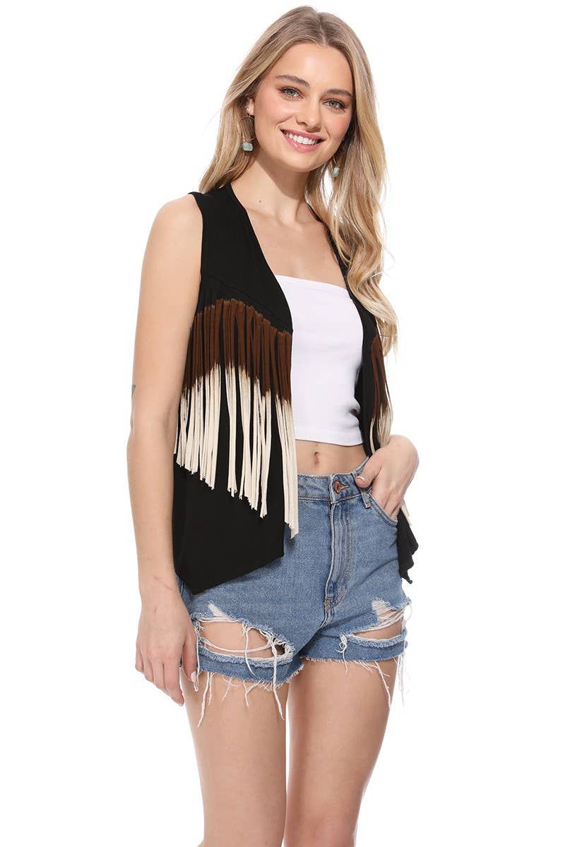 Dip Dye Tri Color Open Fringe Vest-Wholesale 7Pcs Prepack