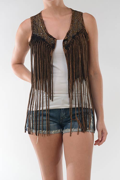 Mineral Wash Stone Detail Fringe Vest-Wholesale 7Pcs Prepack