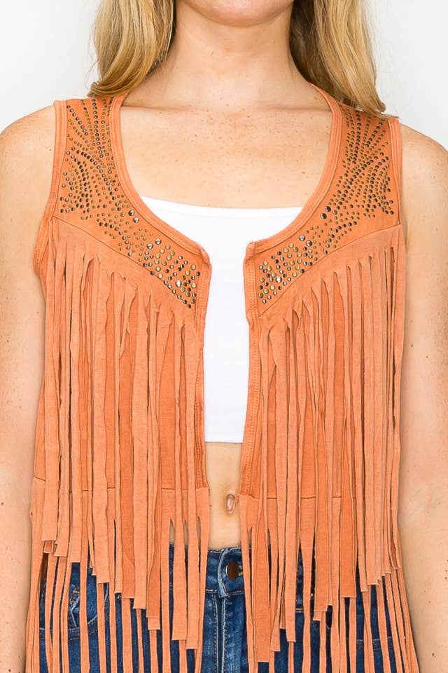 Mineral Wash Stone Detail Fringe Vest-Wholesale 7Pcs Prepack